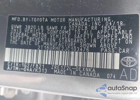 2018 Toyota Corolla Le z USA, uszkodzony, nr VIN 2T1BURHE2JC103476